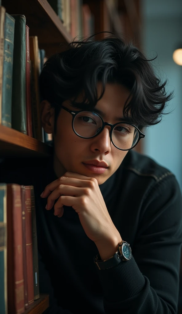 best quality, masterpiece, extremely detailed, 25 year old nerdy man, wearing glasses, innocent face, leaning against bookshelf, in library, afterhours, at night, very dim lighting, dark cinematic shadows,  dreamy atmosphere, perfect face, perfect hands, perfection