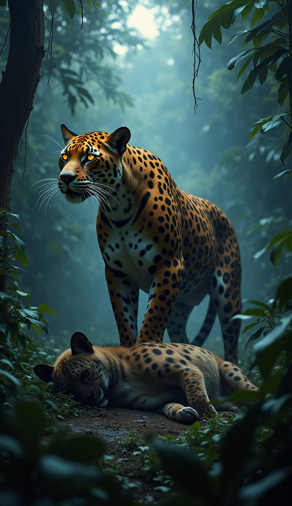 A majestic jaguar standing triumphantly over a defeated hyena in a dense, dark jungle. The jaguar's powerful muscles are highlighted under a beam of moonlight filtering through the canopy, with its piercing eyes glowing in the dark. The hyena lies on the ground, showing signs of defeat, surrounded by lush foliage. The scene is dramatic, with a misty atmosphere, capturing the intense moment of victory. The style is reminiscent of Midjourney, with detailed textures, high contrast, and a cinematic feel.The Spotted hyena lying on the ground.realistic