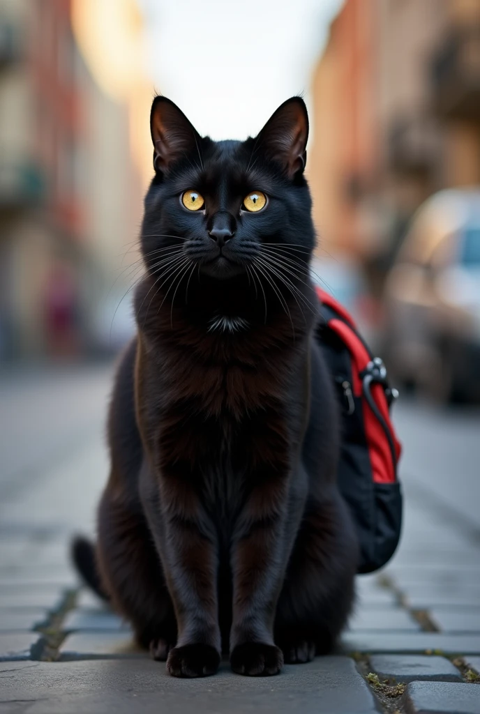 black cat with backpack on street 4k
