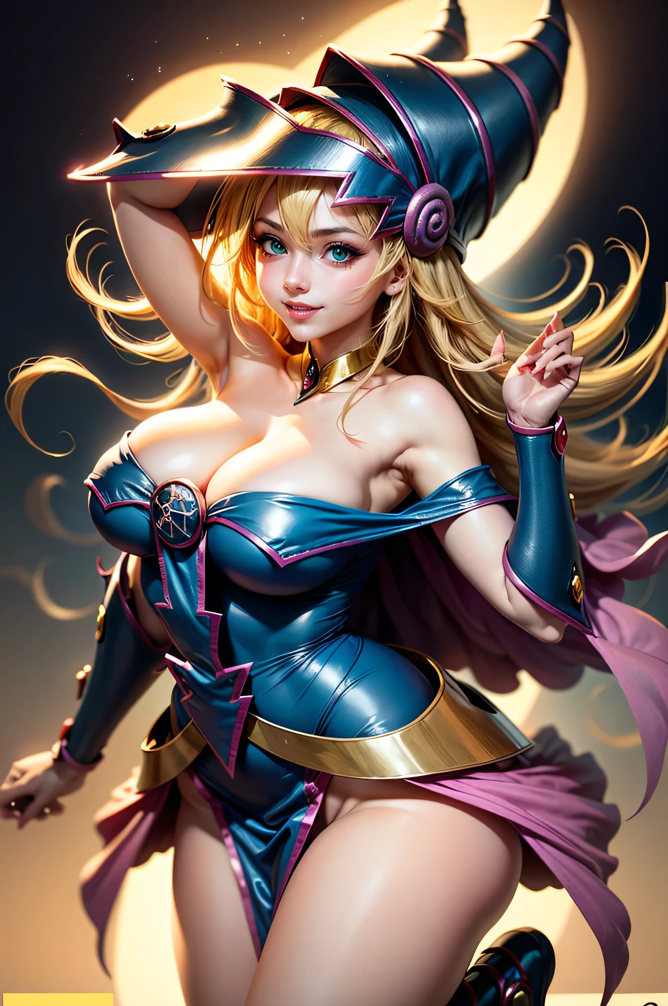 (masterpiece:1.2), (The best quality:1.2), perfect lighting, Dark magician girl with big breasts and big hips and small waist casting a spell,Full body viewable from head to toe., very close to the screen...in his twenties, floating in the air, huge visible, transparent neckline, blue robe, big hat, from above, shines, Yugioh games, The magic of the heart. LIGHTS OF THE HEART, romantic heart. very smiling