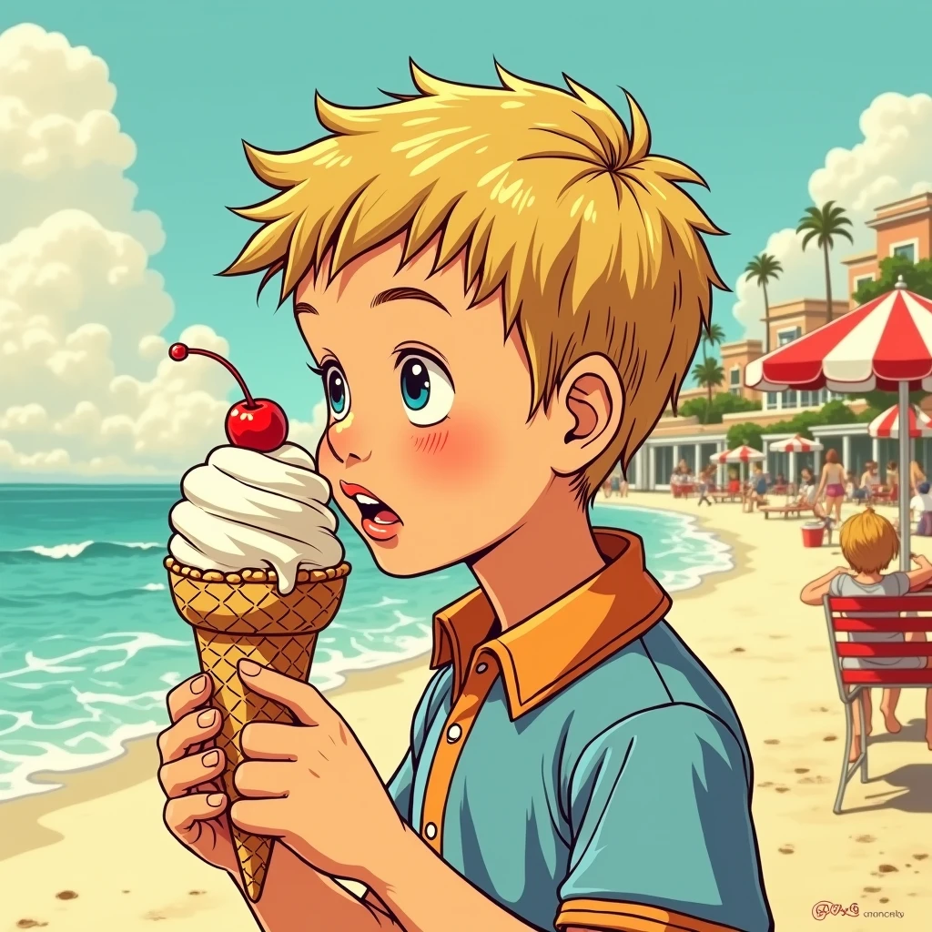 Detailed, vibrant illustration of a little boy eating an ice cream cone, by herge, in the style of tin-tin comics, vibrant colors, detailed, sunny day, attention to detail,