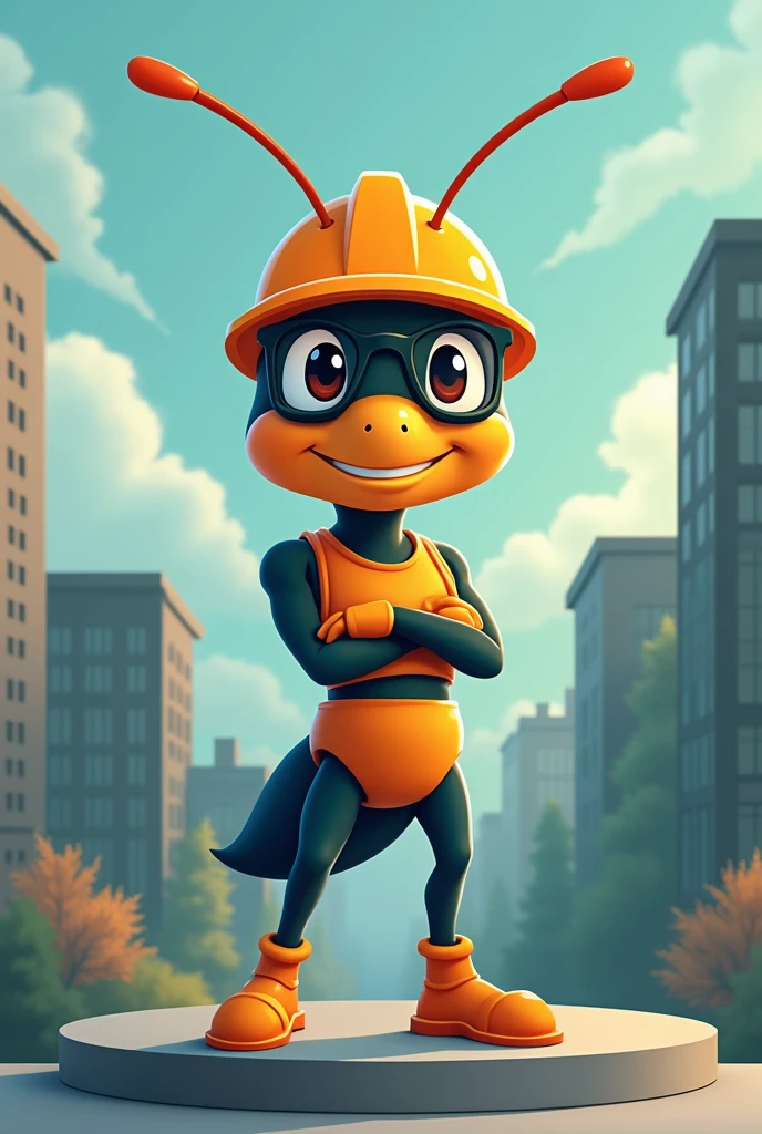 
**Description of the BIM Academic League Mascot**

The mascot is a wise, centered, serious and friendly ant, with a realistic cartoon style. He will be portrayed standing, with his arms crossed and a slight smile. The mascot will wear a construction helmet and glasses, symbolizing engineering.

**Colors:** Orange (#DE5712), Dark Blue (#24388C) and Dark Green (#195119). 

**Design:** The background will include three buildings stylized as a podium, with university and technology laboratory elements.

**Style:** The image must be a combination of cartoon and realism, standing out for its stylized approach.
