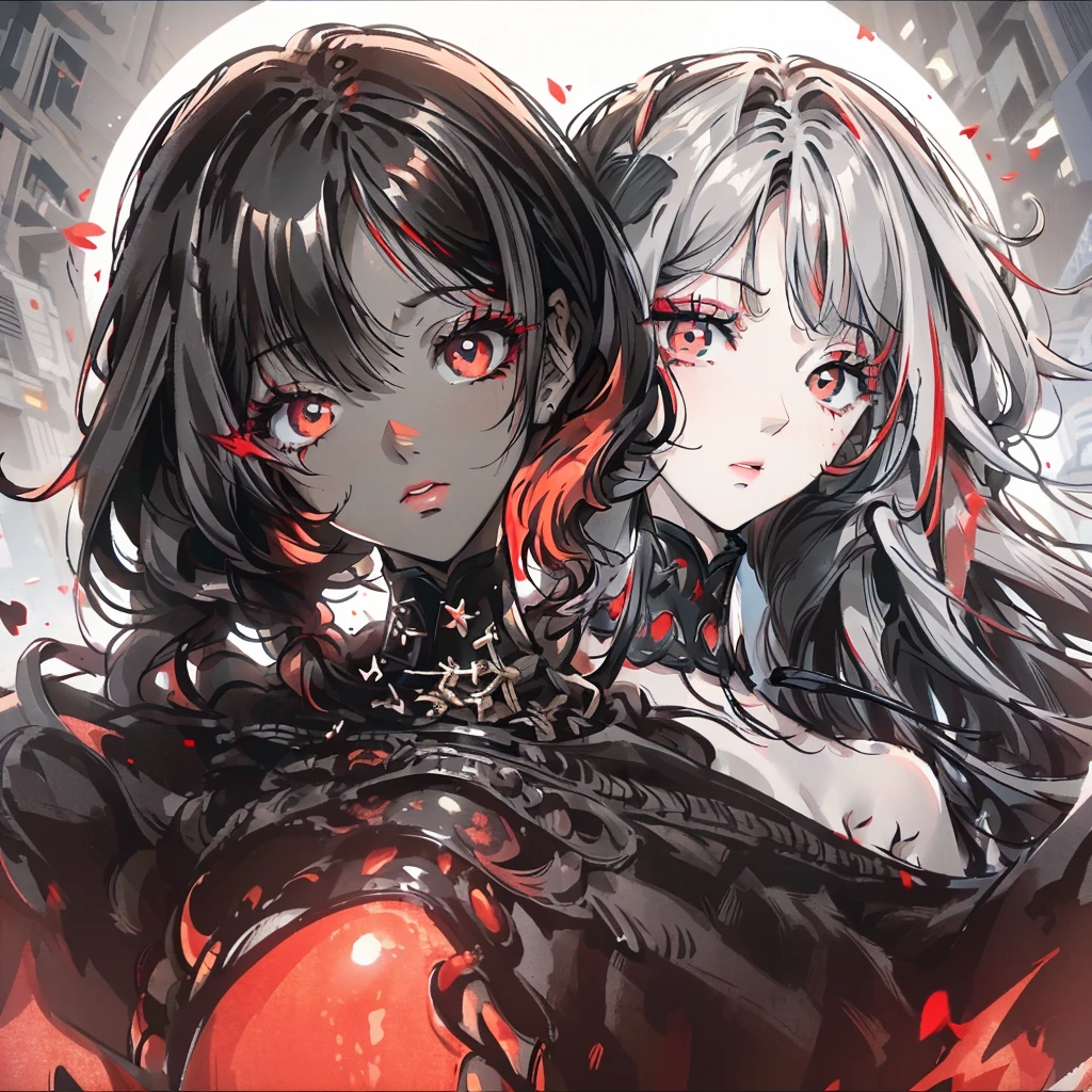 Black eyes with red pupils,black and red hair with dark skin
