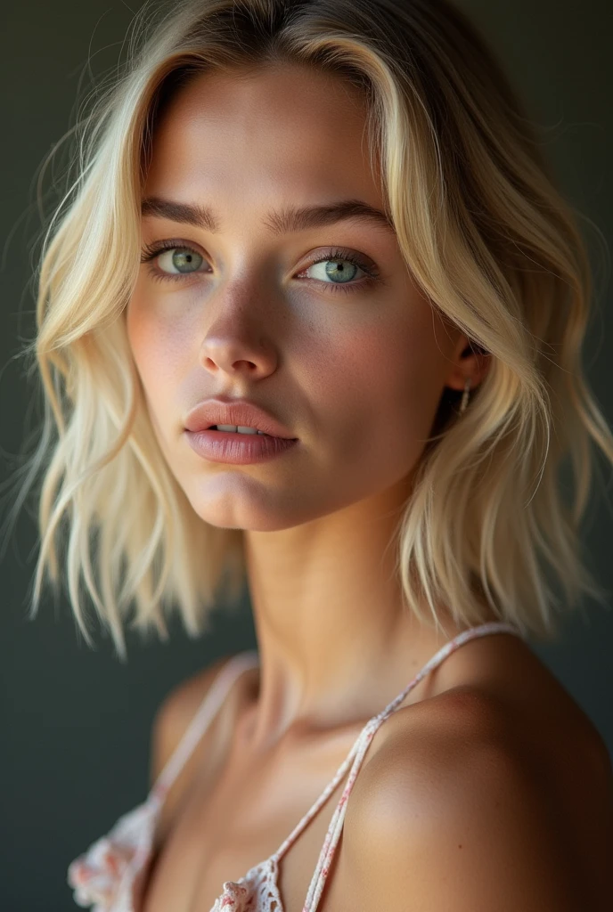 un visage de une belle fille age 19 cheveux moyens cheveux chaten Regarder le spectateur, blond avec sexy levre