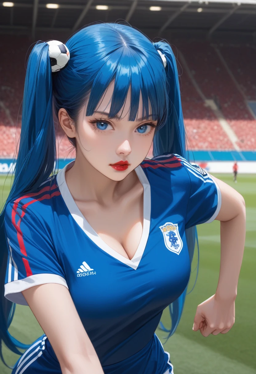 One girl, solo, double tails with side tops, very long twin tails, blue hair, staring at you, bright blue eyes, blue pupils, red lips, large breasts, ball shaped breasts, cleavage, tight waist, kind face, beautiful Japanese woman, five fingers, reality, putting on a uniform and playing in a game, running as fast as she can around the soccer field