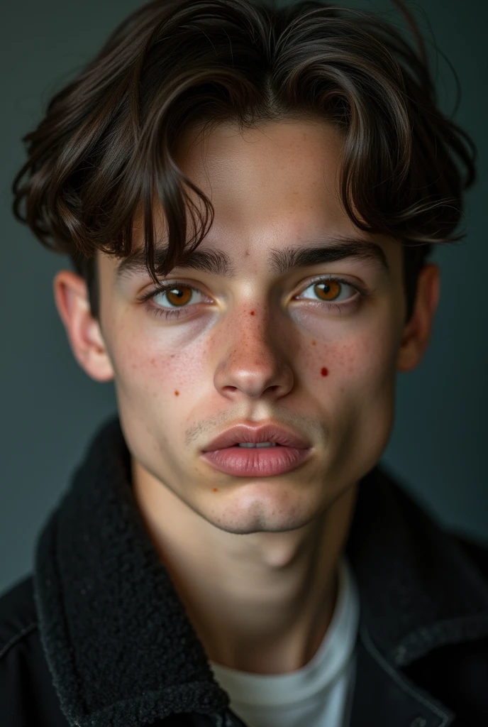A boy with brown eyes, with half-full lips, straight hair pulled to the side, with 1,77 tall with some moles near the nose and a pointy nose.