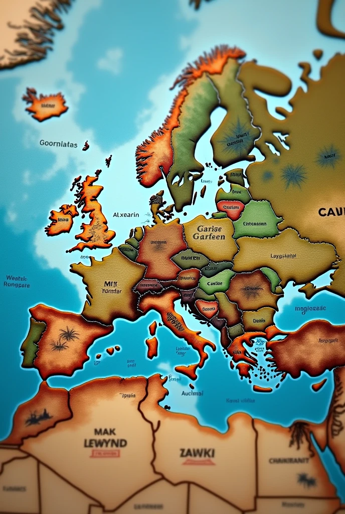 World map with oceans in blue, the countries in brown, and Europe highlighted in green