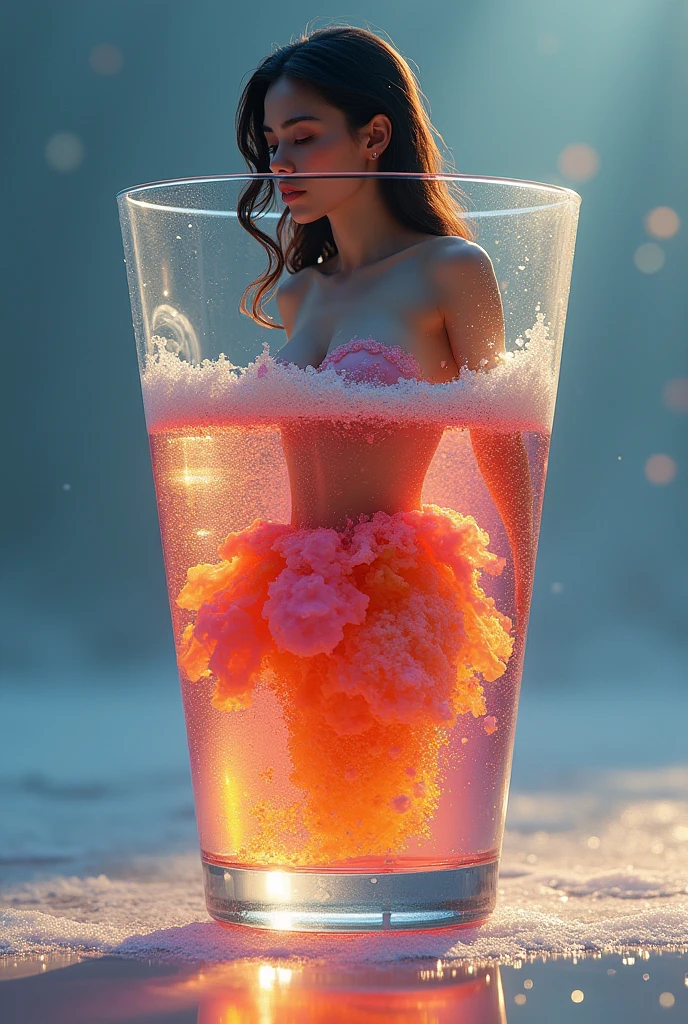 A stunning a ((Intricately Detailed photo)),((Ultra-realistic最high quality)),((photorealistic)),(sharp focus),(highest resolution),((the most absurd quality)),(masterpiece), Official artwork, beautiful deep glass cup, carefully captured, ((filled with colorful liquids with bubbles and foam)), excellent dynamic composition, professional camera work: 1.4,(Increase quality:1.3), (best quality real texture skin:1.35),(perfect proportions),(anatomically correct),(perfect female body),(slim-muscled body:1.13),(Super beautiful face),(realistic face),(highly detailed face), ((dressed in a colorful foam:1.35 a: Intricately Detailed:1.34)), long hair, FerryBase, thighhighs, bare shoulders, cold is felt, and water vapor begins to form on the outside of the glass, floating in the air, Detailed reflections dance on the surface of the crystal clear drink, creating an expansive and minimalist backdrop that catches the eye. Dim ambient lighting adds to the air of mystery, promising that tomorrow's sunrise will cast a warm, inviting glow on the stage. (glass), (vodka), ((tiny woman diving into a glass of vodka)), (floats), (condensation),