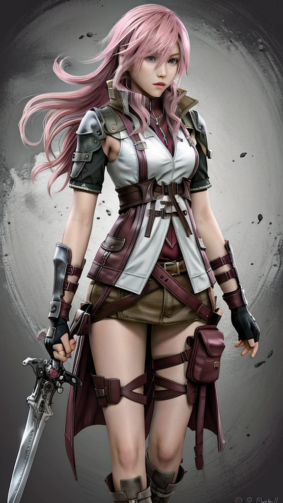 1girl, solo, long hair, skirt, gloves, weapon, pink hair, sword, miniskirt, fingerless gloves, long thighs,full body,slender thighs ,riding boots