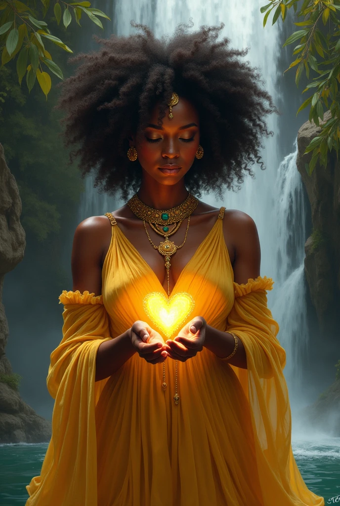 Black woman Orisha, gold dress, curly hair, in a waterfall with a heart in hand