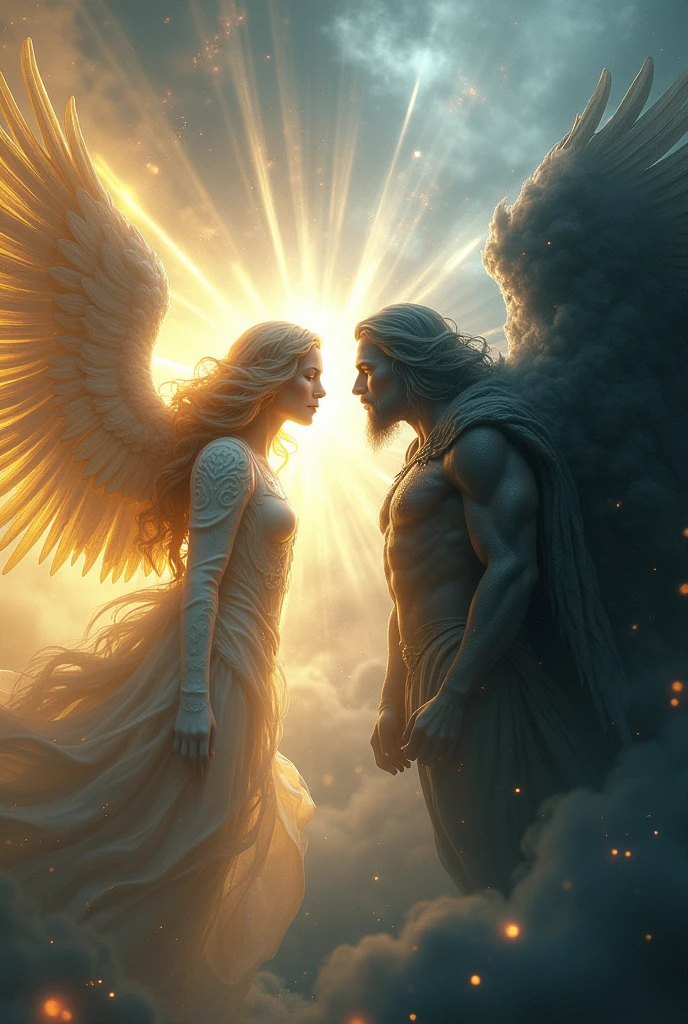 The two angels of light and darkness face each other