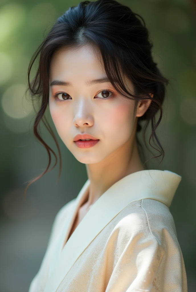 An elegantly dressed Japanese woman in natural light、A close-up of her chest and calm expression.、It shows her inner peace and outer charm.。