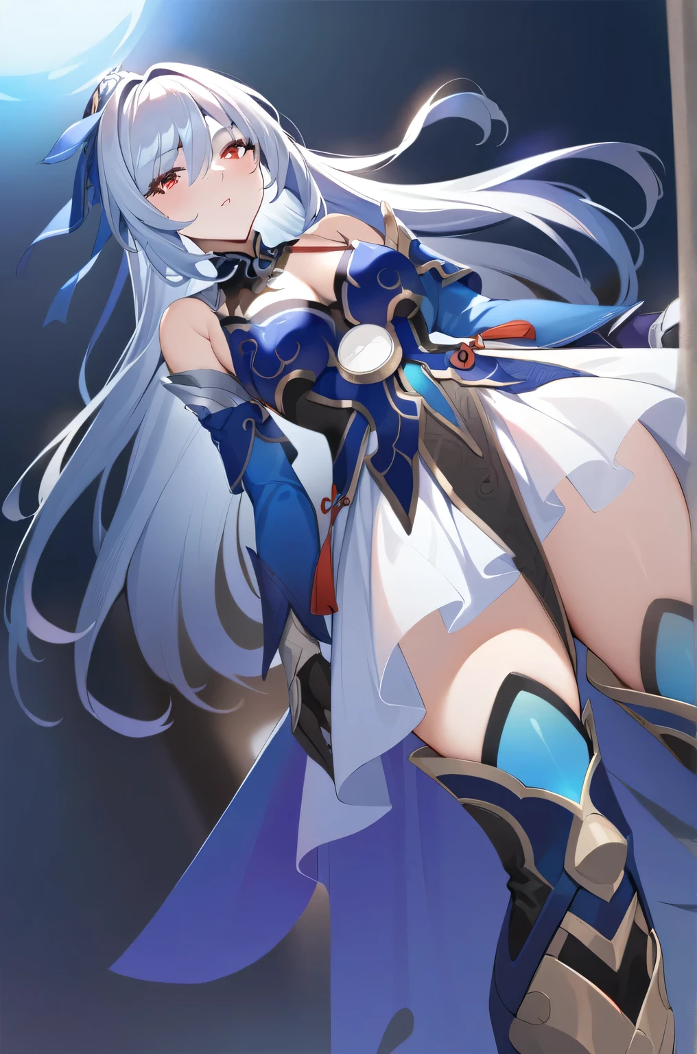 1girl, jgsd, blue armored dress, white skirt, tassels, hair ribbon, gloves, blue sleeves, armored boots, ((best quality:1.2, masterpiece:1.2)), dynamic angle,  highly detail, rating: general, mile shoot, , facing viewer, full portrait,  see-through, see-through silhouette, transparent skirt, abstract background,