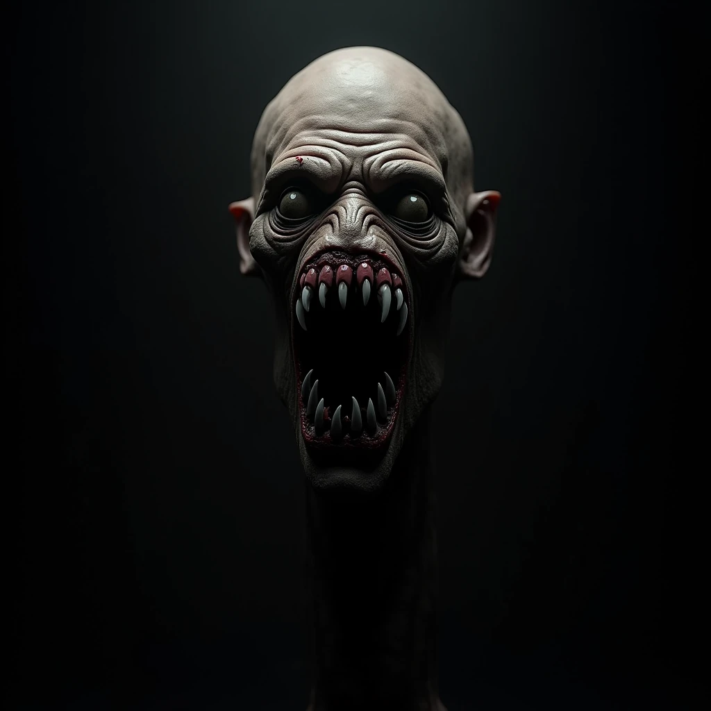 ((total darkness black screen, in the center is a terrible, insanely scary, crooked, toothy horror monster, the face looks a bit like an anglerfish, mega horror terrible nightmare, ultra quality))