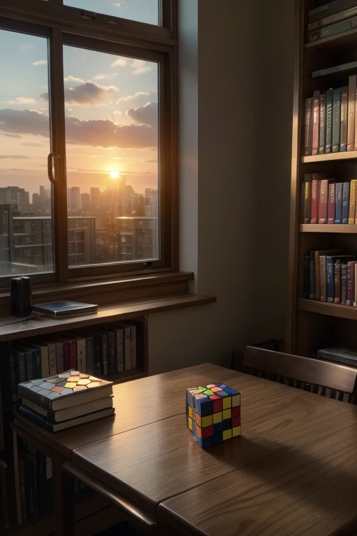 a wooden table with a rubik's cube and books on the right side, and in the background a window accompanied by a sunset