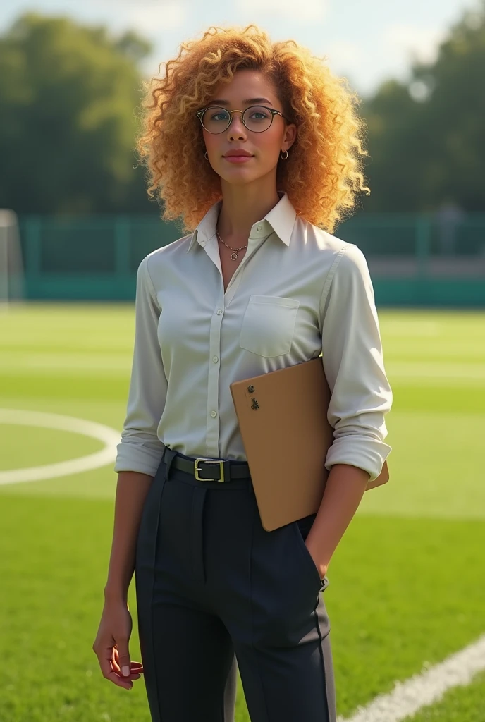 Create a curly blond soccer coach with glasses, with the age of 24 years, elegant dress