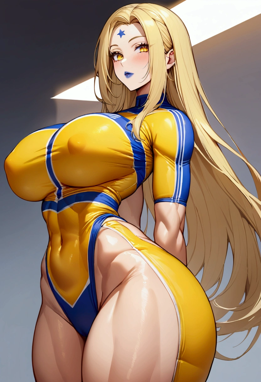 yellow eyes blue lipstick  .a star on her forehead long blonde hair bangs. tall muscular athletic body slim waist big breasts big buttocks blue and yellow footballer clothes 