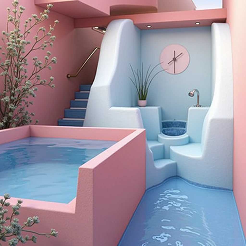 in shades of pink and orange, light sky blue, soft pastel tones, watery color palette, vibrant and saturated colors