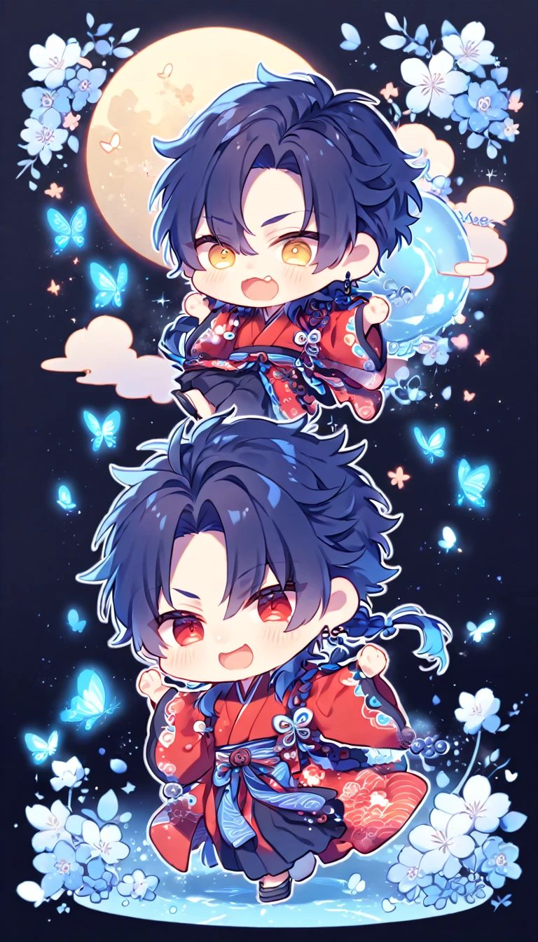 absurdres, highres, ultra detailed, HDR, master piece, best quality, extremely detailed, Koujaku chibi, dark navy hair that is short and a little chopped at the top, has a thick fringe over the right side of his face and keeps the rest tied, expressive red eyes, Dramatical Murder, Seragaki Aoba chibi, blue hair, expressive yellow eyes, two boys together, cute, adorable, yaoi, gay couple, red kimono with patterns, fantasy, magical, blue moon, blue flowers, blue butterflies, blue petals, blossoms, water