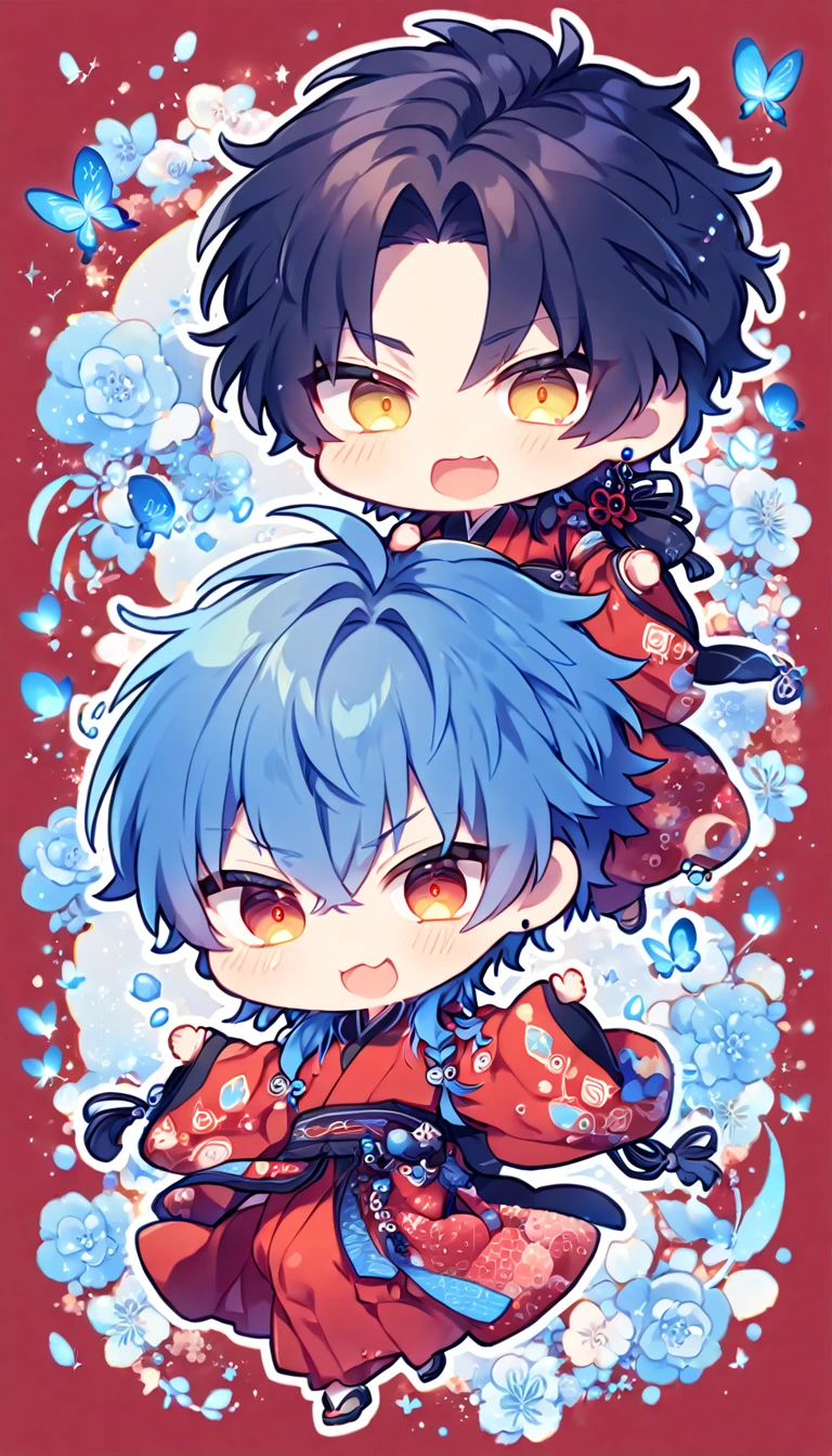 absurdres, highres, ultra detailed, HDR, master piece, best quality, extremely detailed, Koujaku chibi, dark navy hair that is short and a little chopped at the top, has a thick fringe over the right side of his face and keeps the rest tied, expressive red eyes, Dramatical Murder, Seragaki Aoba chibi, blue hair, expressive yellow eyes, two boys together, cute, adorable, yaoi, gay couple, red kimono with patterns, fantasy, magical, blue moon, blue flowers, blue butterflies, blue petals, blossoms, water