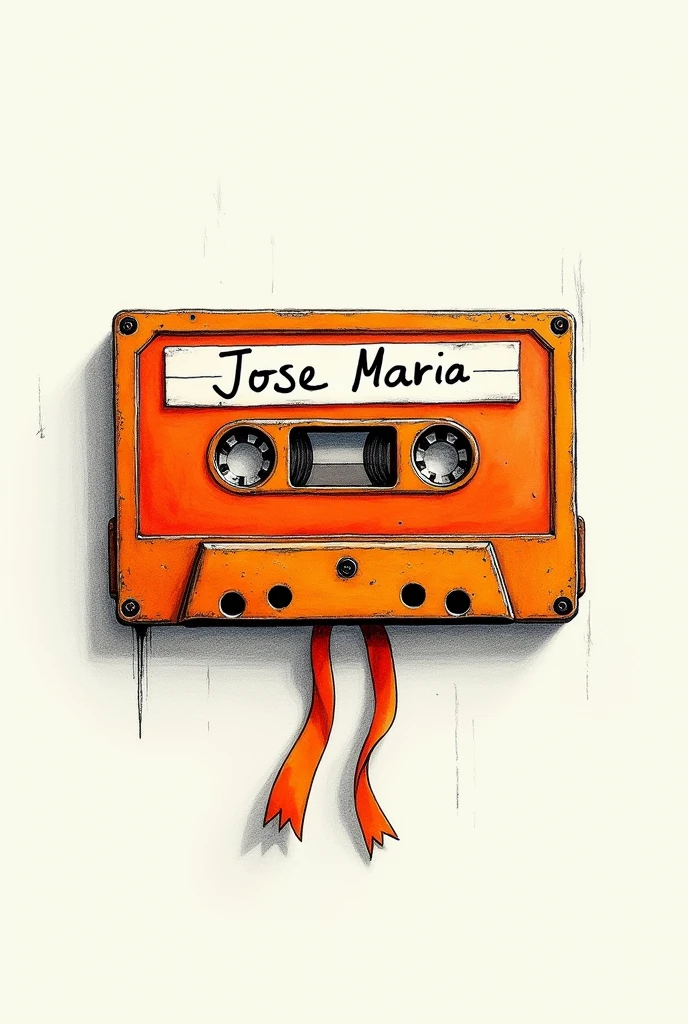Drawing in pencil and colors that illustrates an old cassette, dirty and a little torn, Orange with ribbon in front and the name " Jose Maria" written with marker on the front of the cassette.