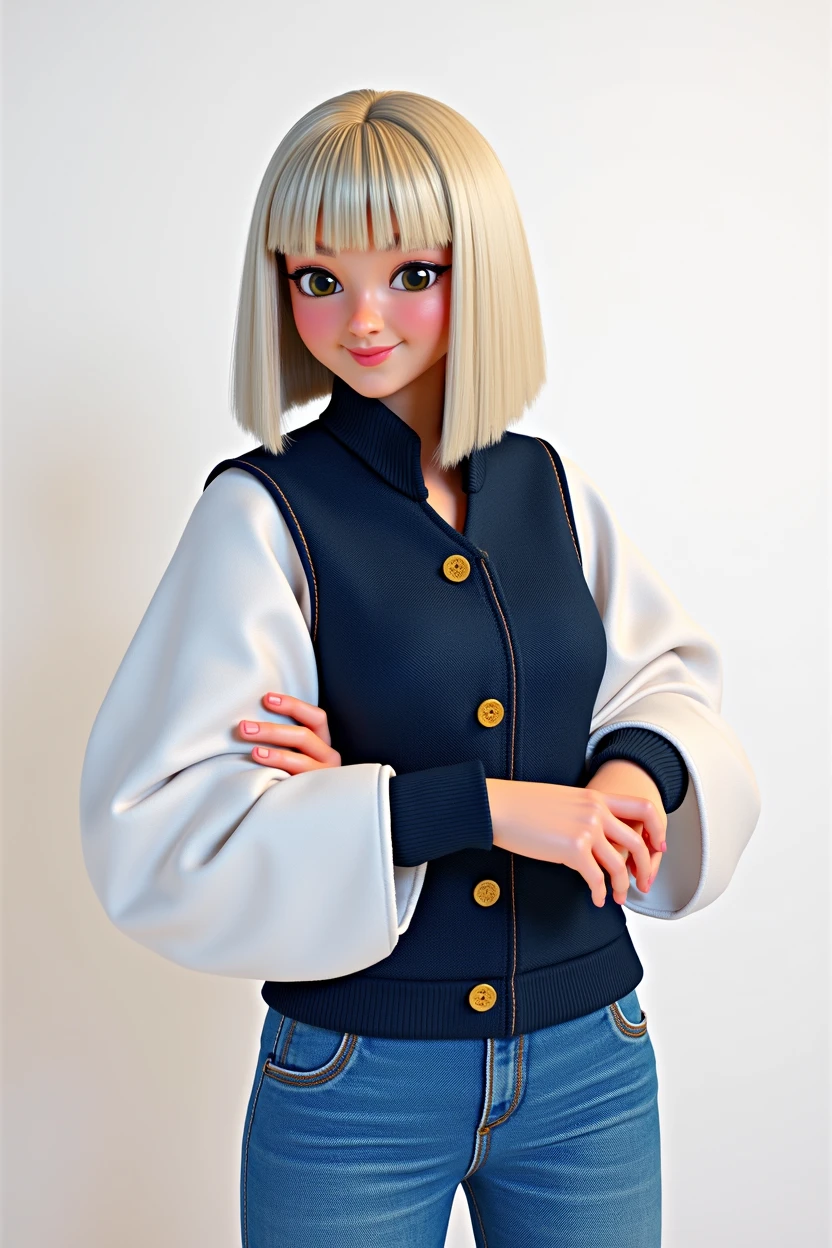 cartoon character, blonde bob hair with bangs, white sleeve shirt, with navy blue vest with buttons on both sides, animation character, stylized character, animation style rendering, 3d stylized, Arnold Maya rendering, Stylized 3D rendering, toon render screenshot, 3d character, 3d character, Stylized 3D rendering, 3D character rendering, cartoon character, Personagem de close up, character posing, (Pixar-style) (master part:1.2) (bokeh) (best qualityer) (skin detailed) (detailed texture) (8k) (Argilla) (cinematic lighting) (sharp focus