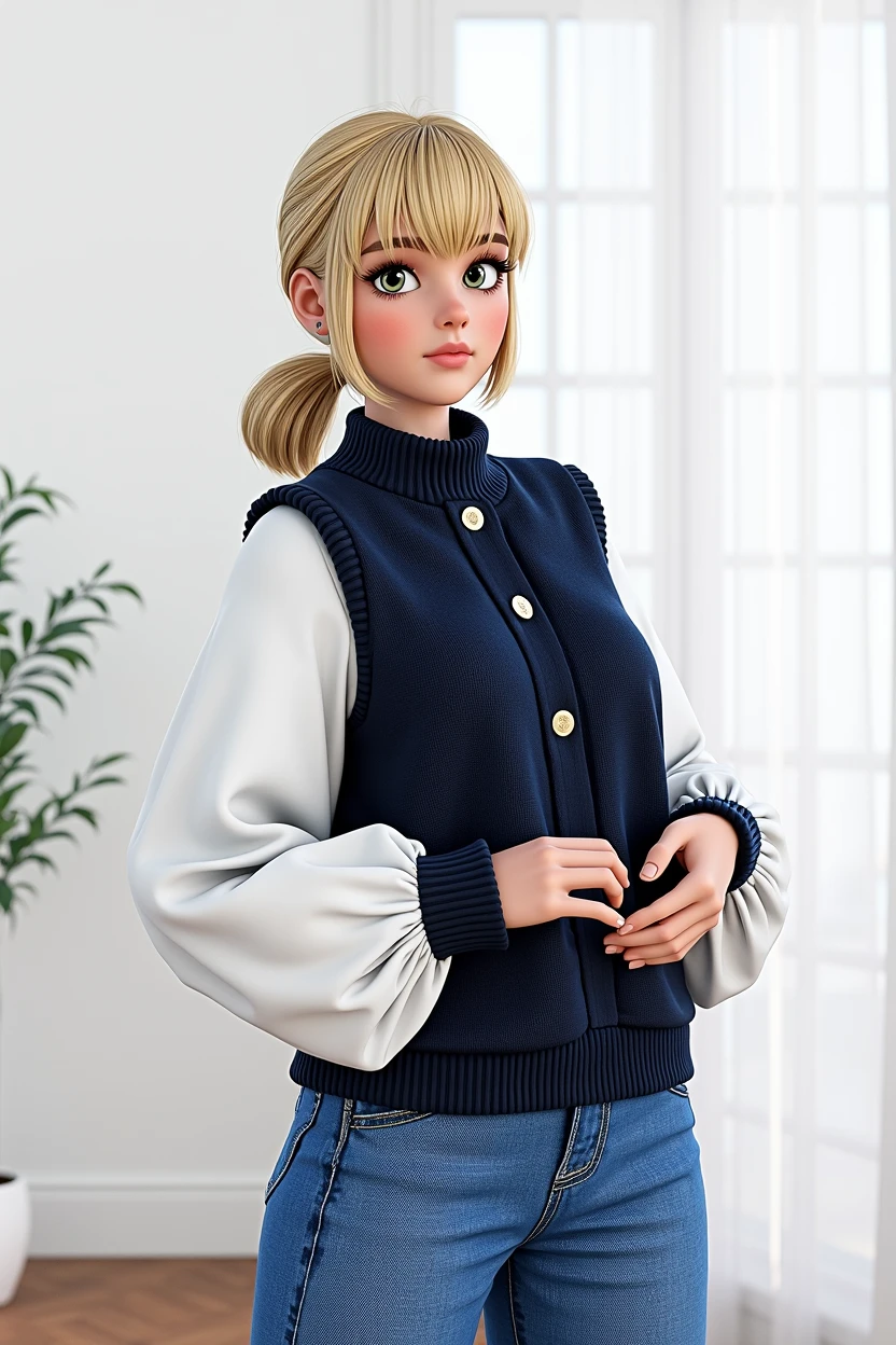 cartoon character, blonde bob hair with bangs, white sleeve shirt, with navy blue vest with buttons on both sides, animation character, stylized character, animation style rendering, 3d stylized, Arnold Maya rendering, Stylized 3D rendering, toon render screenshot, 3d character, 3d character, Stylized 3D rendering, 3D character rendering, cartoon character, Personagem de close up, character posing, (Pixar-style) (master part:1.2) (bokeh) (best qualityer) (skin detailed) (detailed texture) (8k) (Argilla) (cinematic lighting) (sharp focus