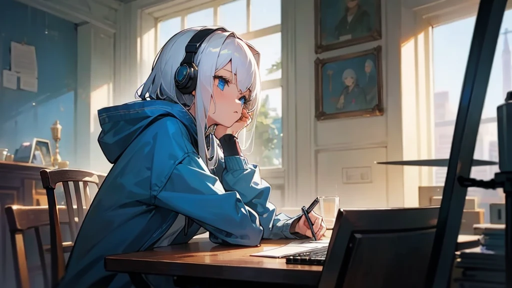 Best quaility, masterpiece, 4k, at night, A girl with white hair with blue eyes and around middle school age was wearing a hoodie, cheek cane, she wears a headset, she is facing the PC and not facing me, so I can't see her face, she is in a cafe which has sunlight shining in the building, working on something on her note PC