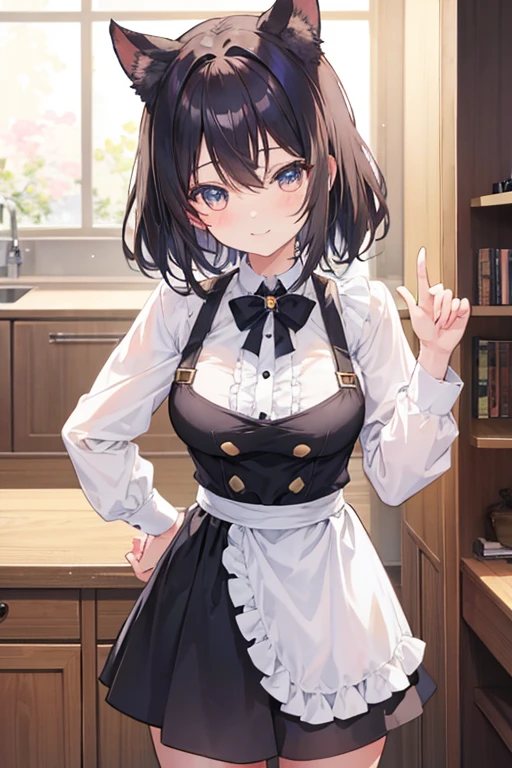 cute anime girl, (yeux marrons), (Cheveux noirs moyens), Un doux sourire rougissant, (chef-d&#39;œuvre de qualité supérieure:1.2), Illustrations délicates, haute résolution, Super détaillé, gros seins, (bas noirs), (Séance)、je peux voir ses seins:1.5、Enlève ta jupe:1.8