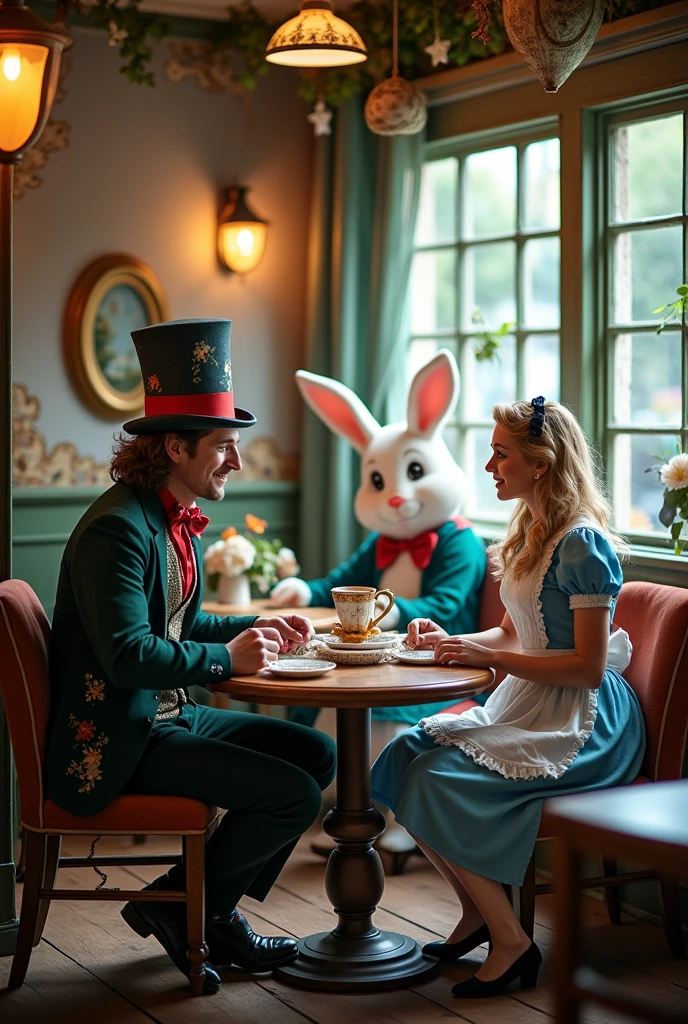 Photography set up for a traditional Alice in Wonderland themed cafe scene. Realistic format with people posing
