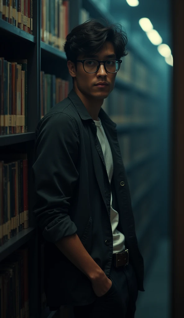 best quality, masterpiece, extremely detailed, 25 year old nerdy man, wearing glasses, innocent face, muscular build, fitted clothes, leaning against bookshelf, in library, afterhours, at night, very dim lighting, dark cinematic shadows, dreamy atmosphere, perfect face, perfect hands, perfection