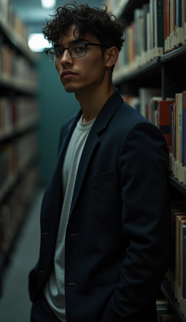 best quality, masterpiece, extremely detailed, 25 year old nerdy man, wearing glasses, innocent face, muscular build, fitted clothes, leaning against bookshelf, in library, afterhours, at night, very dim lighting, dark cinematic shadows, dreamy atmosphere, perfect face, perfect hands, perfection