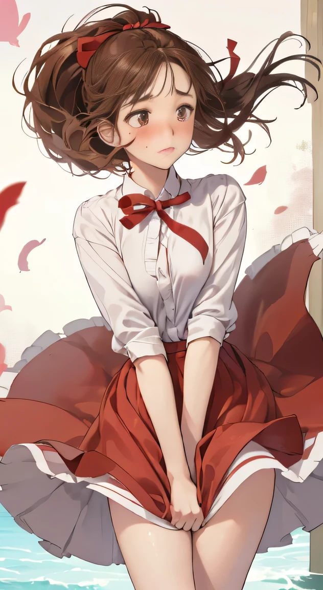 1womanl,Brown hair,Red ribbons ,((Impatient expression)),Beautiful breasts,White shirt,Red dress,well-styled,,(Facing the front)(((Blushing cheeks、embarassed expression)),(((The skirt is rolled up by the wind)))