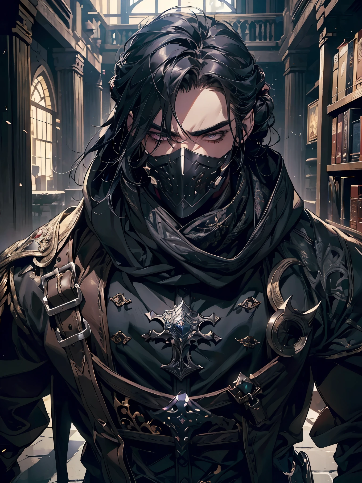 (masterpiece, high quality, cinematic lighting, backlighting, sharp colors)
Tall muscular young man, black hair tied in a bun, dark eyes, compact muscles. Face hidden by a full iron mask, expressionless. Wears medieval robe, leather shirt and pants, armor plates on vital areas. Dark crime scene background, shadowy atmosphere.