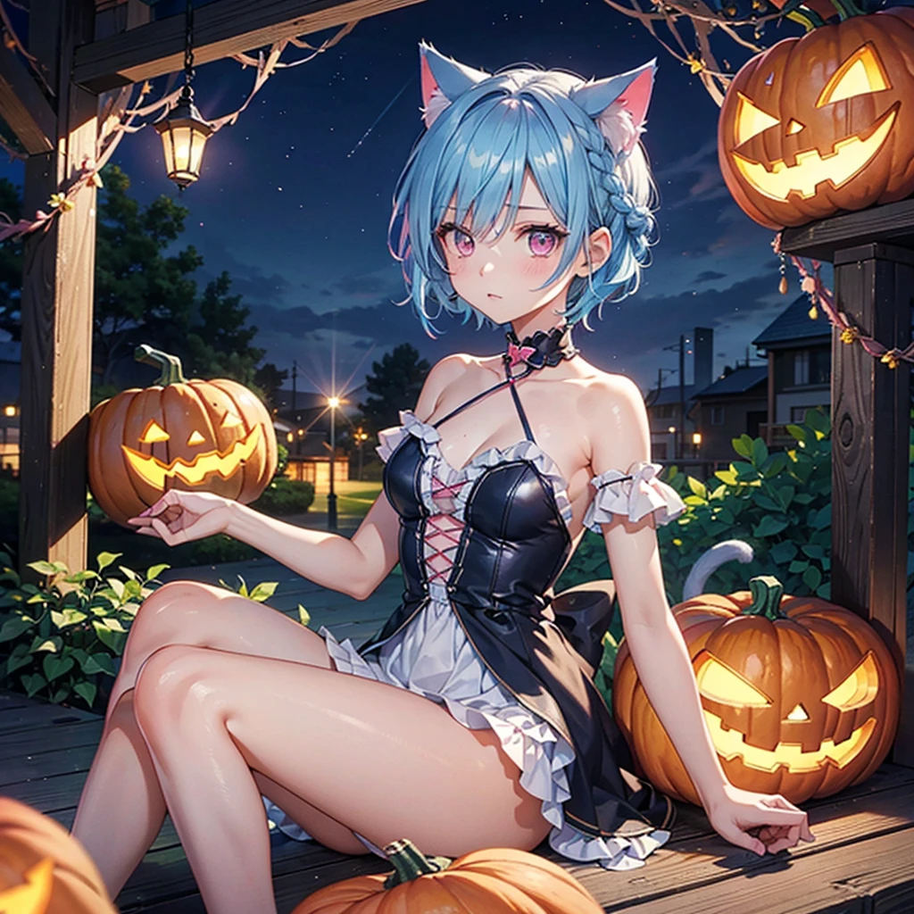(Sky blue hair),(Braided short hair), (Pink Eyes),Fair skin) ,(whole body),(One Girl),(There are lots of pumpkin ghosts in the background),Cat ear,Cat's Tail,(Sailor suit),(Ahegao),(Fall into Darkness),If you don't give me sweets, I'll play a prank on you.),(Halloween Night Party),(masterpiece, Highest quality, Very detailed, Best Shadow), (Detailed Background), (Beautifully detailed face), High Contrast, (Best lighting, Very delicate and beautiful), ((Cinematic Light)), Hyper Detail,8k, Dramatic Light, Intricate details,night,(Bats flying in the background),High quality