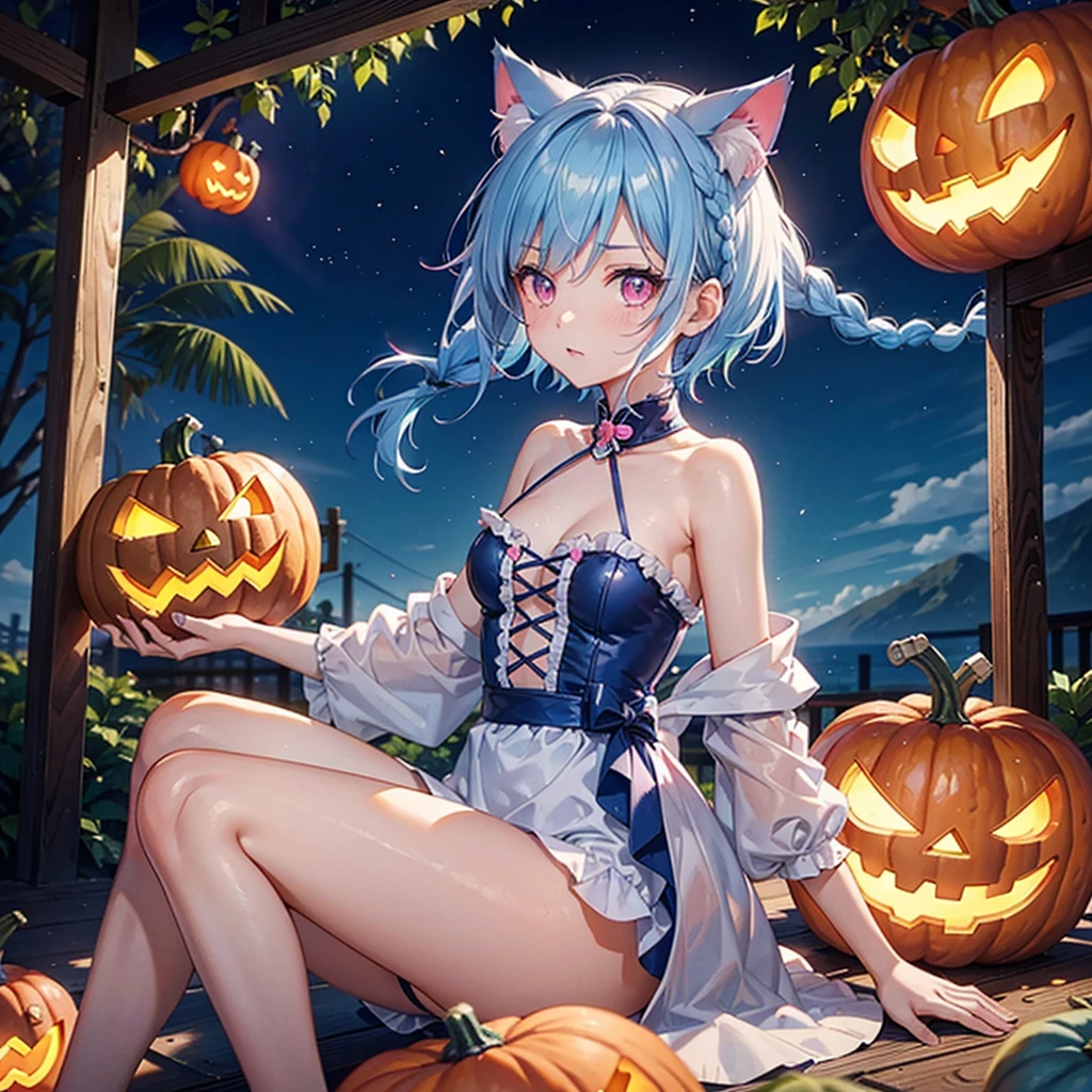 (Sky blue hair),(Braided short hair), (Pink Eyes),Fair skin) ,(whole body),(One Girl),(There are lots of pumpkin ghosts in the background),Cat ear,Cat's Tail,(Sailor suit),(Ahegao),(Fall into Darkness),If you don't give me sweets, I'll play a prank on you.),(Halloween Night Party),(masterpiece, Highest quality, Very detailed, Best Shadow), (Detailed Background), (Beautifully detailed face), High Contrast, (Best lighting, Very delicate and beautiful), ((Cinematic Light)), Hyper Detail,8k, Dramatic Light, Intricate details,night,(Bats flying in the background),High quality