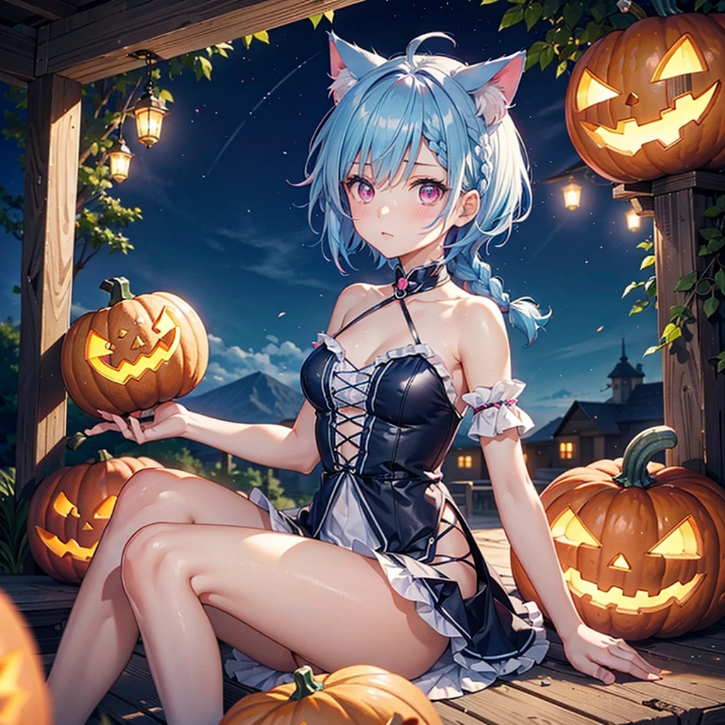(Sky blue hair),(Braided short hair), (Pink Eyes),Fair skin) ,(whole body),(One Girl),(There are lots of pumpkin ghosts in the background),Cat ear,Cat's Tail,(Sailor suit),(Ahegao),(Fall into Darkness),If you don't give me sweets, I'll play a prank on you.),(Halloween Night Party),(masterpiece, Highest quality, Very detailed, Best Shadow), (Detailed Background), (Beautifully detailed face), High Contrast, (Best lighting, Very delicate and beautiful), ((Cinematic Light)), Hyper Detail,8k, Dramatic Light, Intricate details,night,(Bats flying in the background),High quality