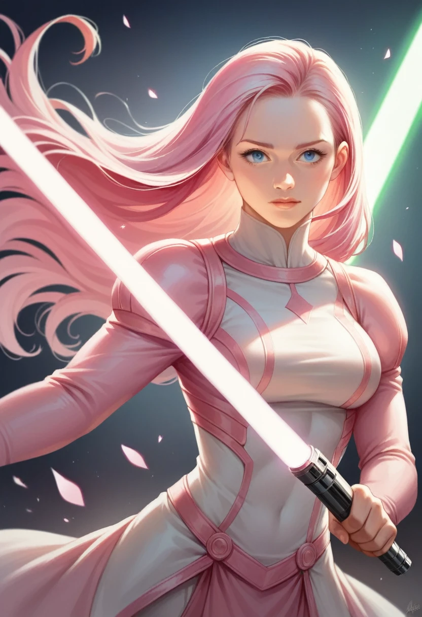 1 girl, (long straight pink hair:1.2), (medium breasts:1.2), blue eyes, black bow in hair, dazzlingly beautiful, fit, short, athletic, masterpiece, Ultra high detail,(show the whole body), , 8k, intricate details, photorealistic, Hyper realistic, Stage lighting, anime style, with pink jedi clothing with black, and a pink lightsaber in her hand