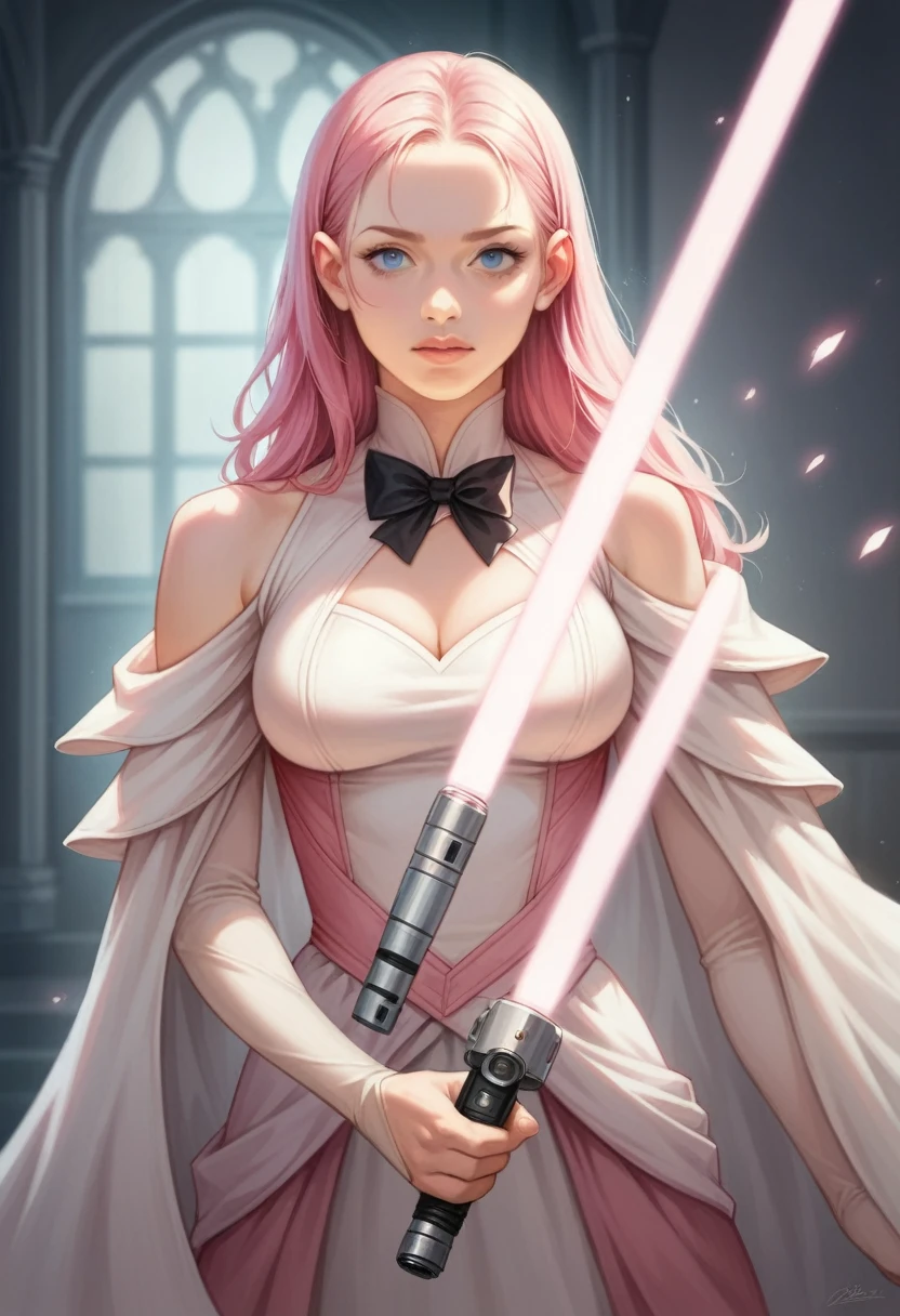 1 girl, (long straight pink hair:1.2), (medium breasts:1.2), blue eyes, black bow in hair, dazzlingly beautiful, fit, short, athletic, masterpiece, Ultra high detail,(show the whole body), , 8k, intricate details, photorealistic, Hyper realistic, Stage lighting, anime style, with pink jedi clothing with black, and a pink lightsaber in her hand