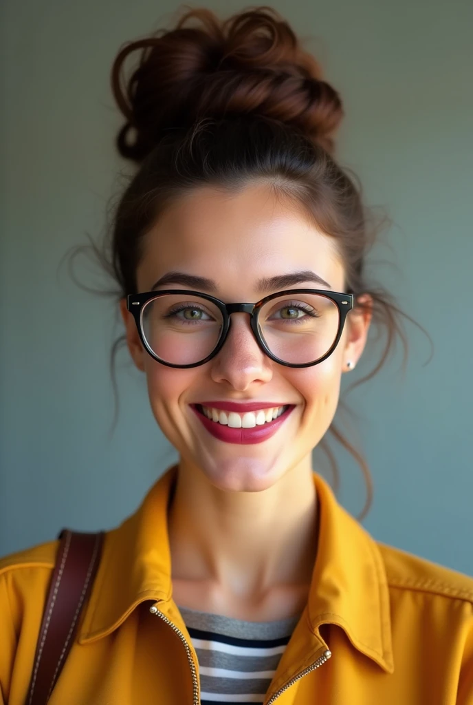 college woman wearing perfect big hair bun, lipstick, and glasses smiling to camera; 4k; high quality