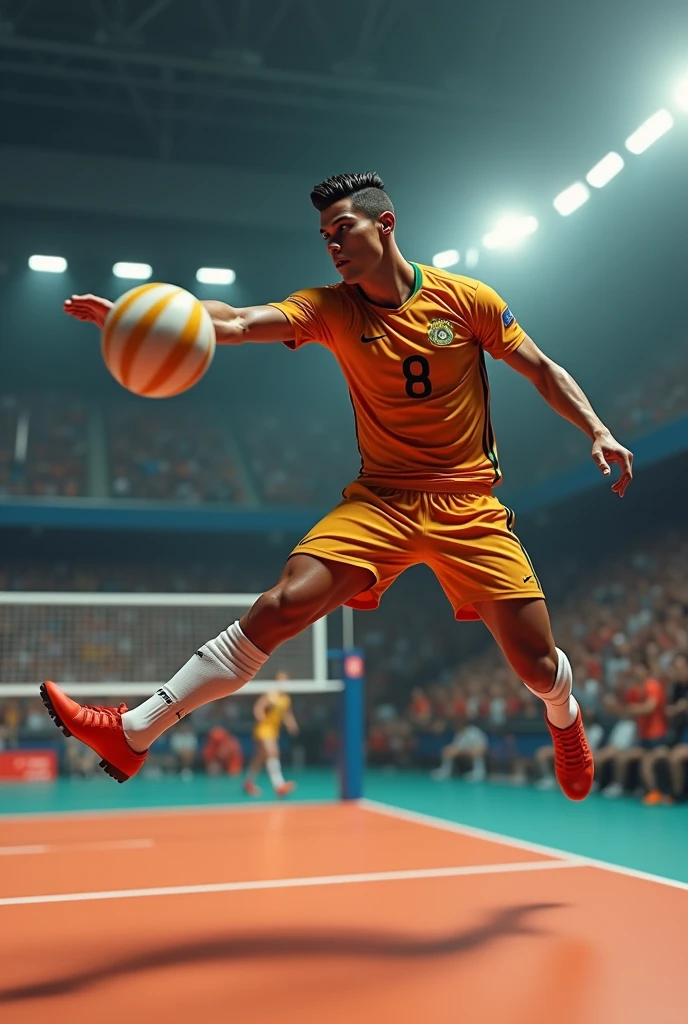 Generates Cristiano Ronaldo as a volleyball player making a spike