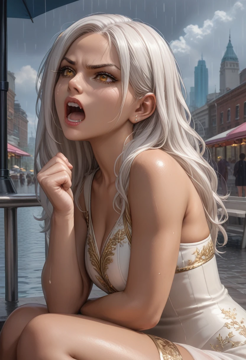 Adult, female, mature, long white hair, beautiful white hair, white hair, perfect golden eyes, perfect golden irises, toned figure, wearing angelic clothing, dark skin, panicking, city, dark clouds, annoyed, angry, disgusted, brown skin, woman of color, Masterpiece, Anatomically Correct, Accurate, Best Quality, Detail, High Details, Quality, Super Detailed, High Quality, sitting on side walk, hurt, yelling, shouting, pointing at the sky, rain, thunderstorm,
