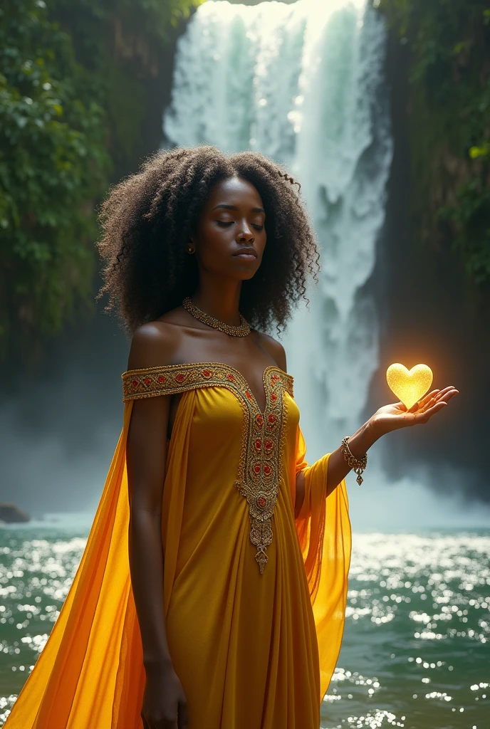 Black woman Orisha, gold dress, curly hair, in a waterfall with a heart in hand