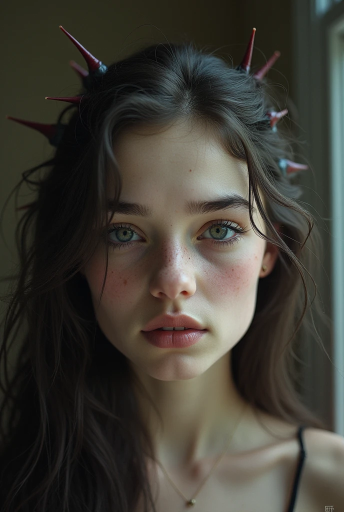 A 22 year old woman with. round faced, big nose with a bump in the middle and pointed at the bottom, small eye, fine lips, big teeth and spines