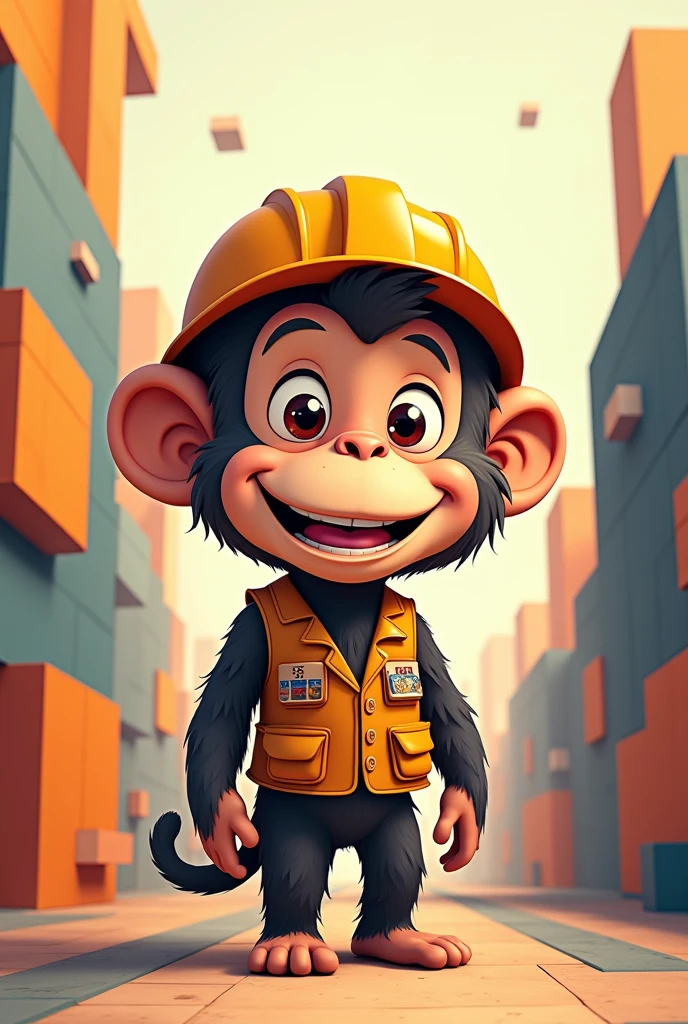 A cartoon monkey wearing a helmet and an architect's vest in a building environment made of geometric figures