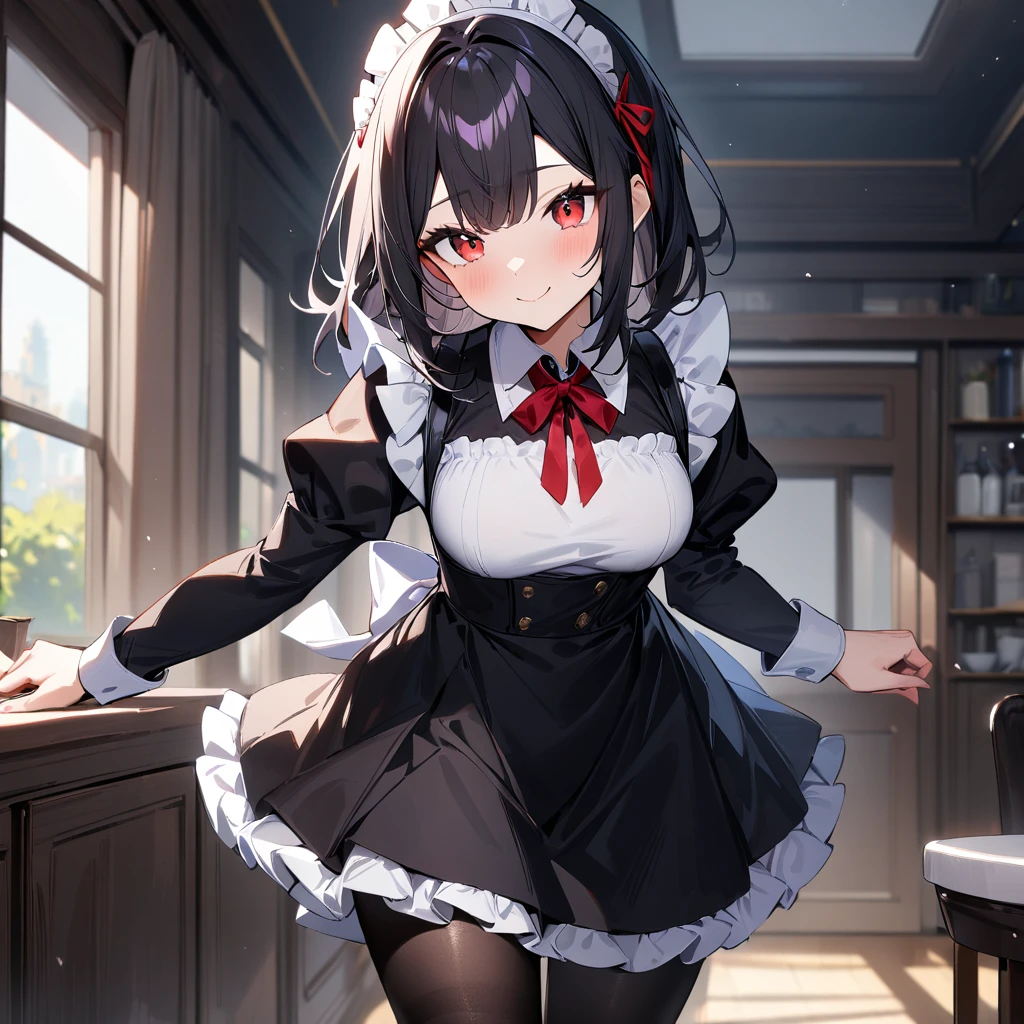 1girl,Solo,smile,blackhair,red eyes,purple and red,Maid,black skirt,black Shiny pantyhose,masterpiece, best quality, very aesthetic, absurdres