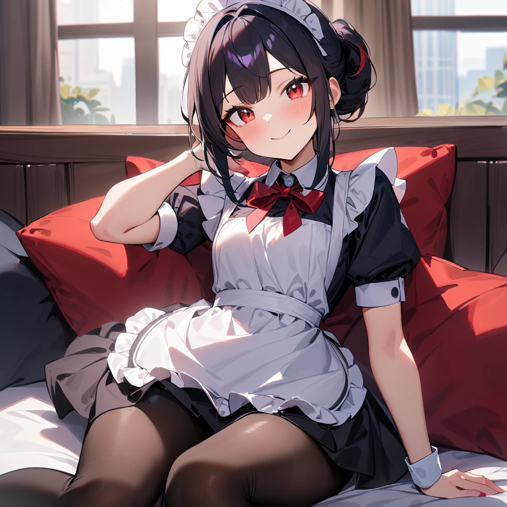 1girl,Solo,smile,blackhair,red eyes,purple and red,Maid,black skirt,black Shiny pantyhose,masterpiece, best quality, very aesthetic, absurdres