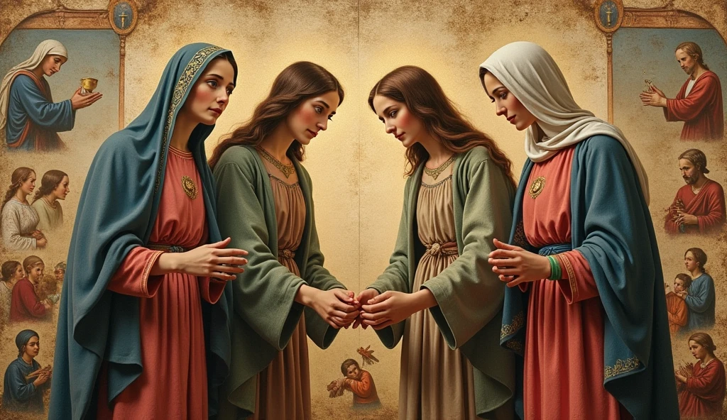 A composition that shows the connection between Mary and her followers throughout the centuries, with superimposed images of various representations of Mary. The background is a collage of historical and religious elements, conveying a sense of legacy and continued love.