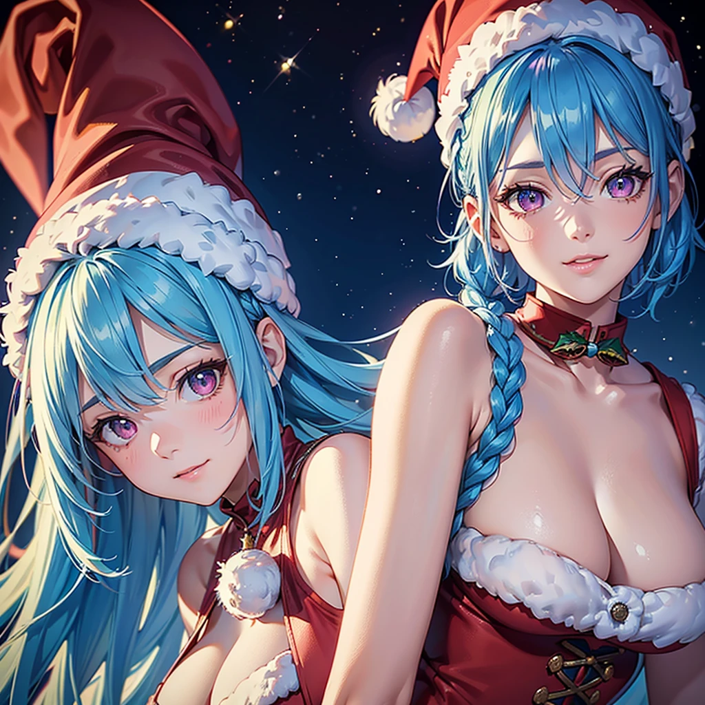 (Sky blue hair),(Braided short hair), (Pink Eyes),Fair skin) ,(whole body),(A huge Christmas tree in the background),(One girl),(Santa Claus clothes),(Cute smile),Santa Claus hat,(Christmas Party),(masterpiece, Highest quality, Very detailed, Best Shadow), (Detailed Background), (Beautifully detailed face), High Contrast, (Best lighting, Very delicate and beautiful), ((Cinematic Light)), Hyper Detail,8k, Dramatic Light, Intricate details,