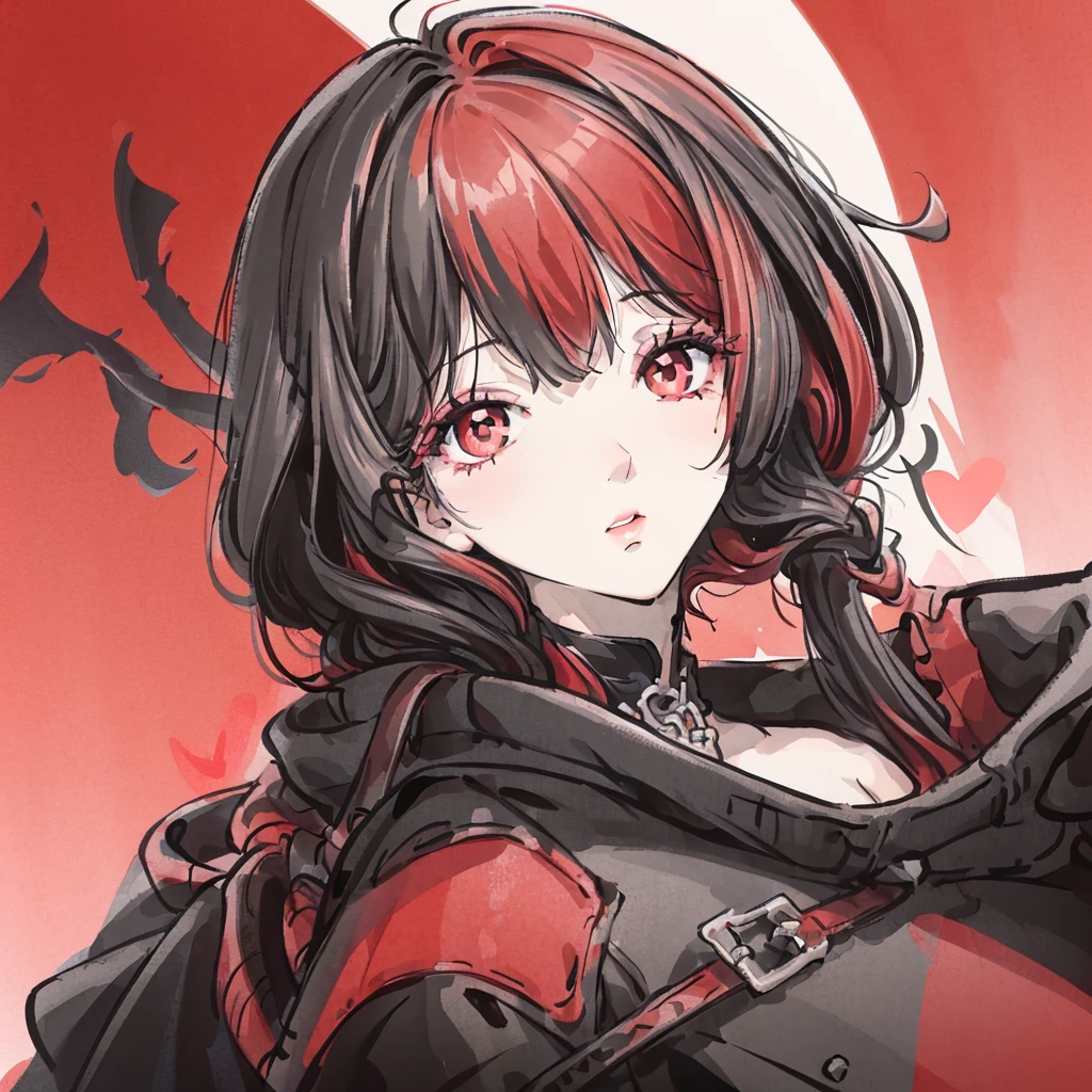 A girl with black eyes and red pupils,black and red hair with dark skin